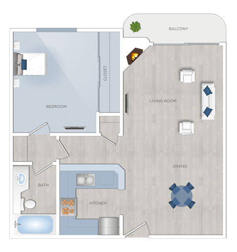 Floor plan for 1 bed, 1 bath, 630 sqft